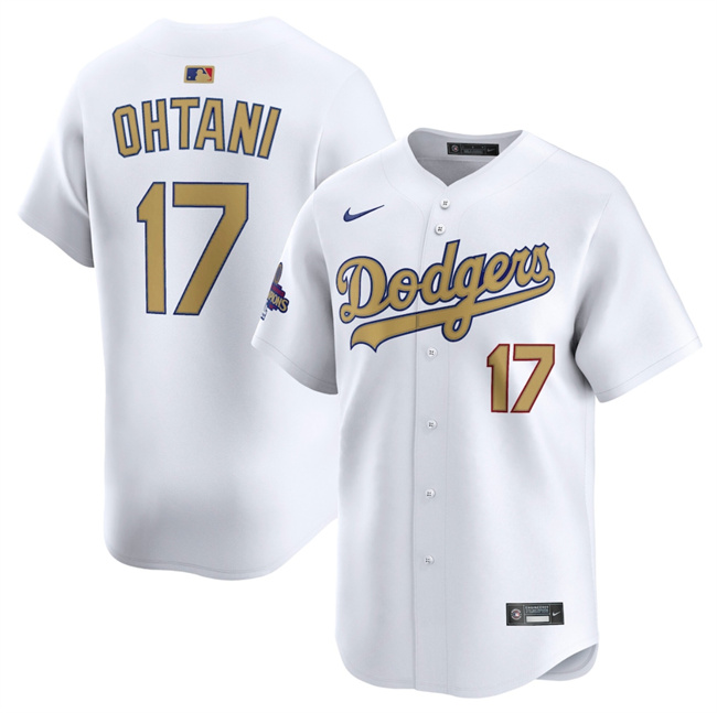 Men's Los Angeles Dodgers #17 Shohei Ohtani White 2025 Gold Collection Limited Stitched Baseball Jersey Men's Los Angeles Dodgers #17 Shohei Ohtani White 2025 Gold Collection Limited Stitched Baseball Jersey