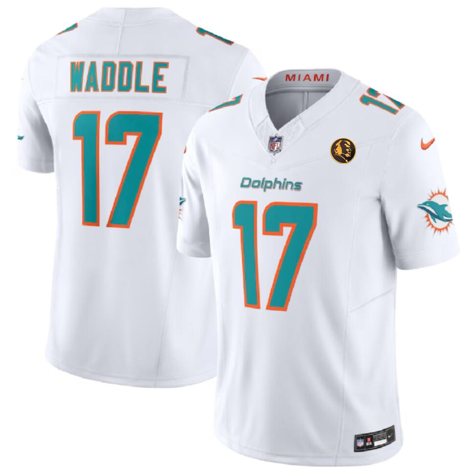 Men's Miami Dolphins #17 Jaylen Waddle White 2023 F.U.S.E. With John Madden Patch Vapor Limited Stitched Football Jersey Men's Miami Dolphins #17 Jaylen Waddle White 2023 F.U.S.E. With John Madden Patch Vapor Limited Stitched Football Jersey