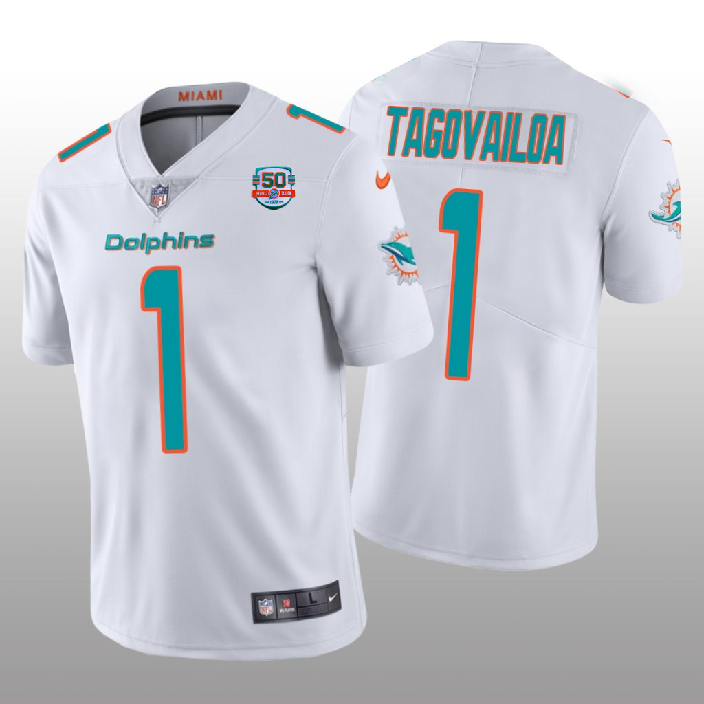 Men's Miami Dolphins #1 Tua Tagovailoa 2022 White With 50th Perfect Season Patch Limited Stitched Jersey Men's Miami Dolphins #1 Tua Tagovailoa 2022 White With 50th Perfect Season Patch Limited Stitched Jersey
