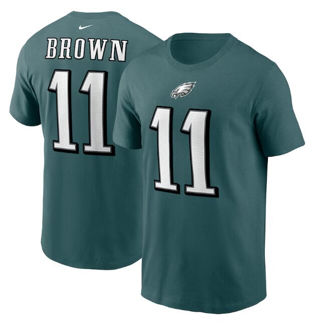 Men's Philadelphia Eagles #11 A. J. Brown 2022 Green Name & Number T-Shirt Men's Philadelphia Eagles #11 A. J. Brown 2022 Green Name & Number T-Shirt