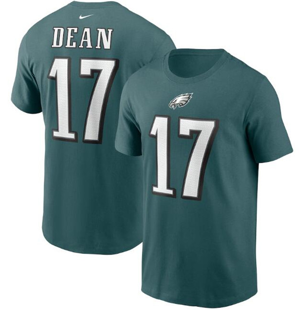 Men's Philadelphia Eagles #17 Nakobe Dean 2022 Green Name & Number T-Shirt Men's Philadelphia Eagles #17 Nakobe Dean 2022 Green Name & Number T-Shirt