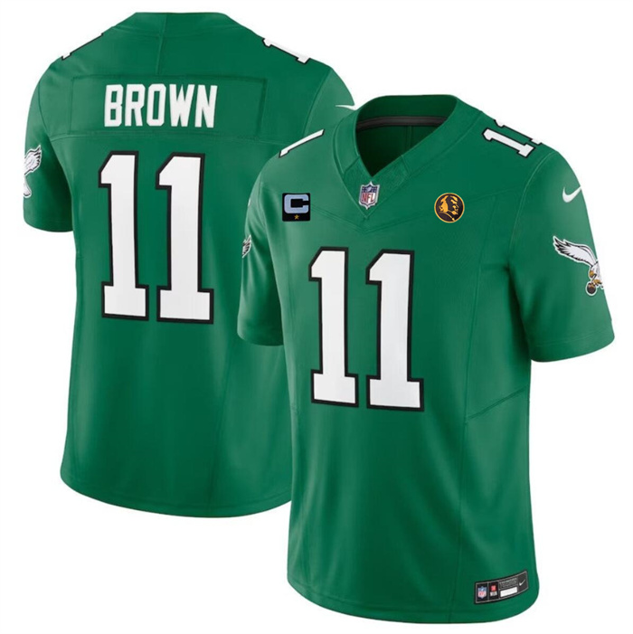 Men's Philadelphia Eagles #11 A. J. Brown Green 2023 F.U.S.E. Throwback With 1-star C Patch And John Madden Patch Vapor Limited Stitched Football Jersey Men's Philadelphia Eagles #11 A. J. Brown Green 2023 F.U.S.E. Throwback With 1-star C Patch And John Madden Patch Vapor Limited Stitched Football Jersey