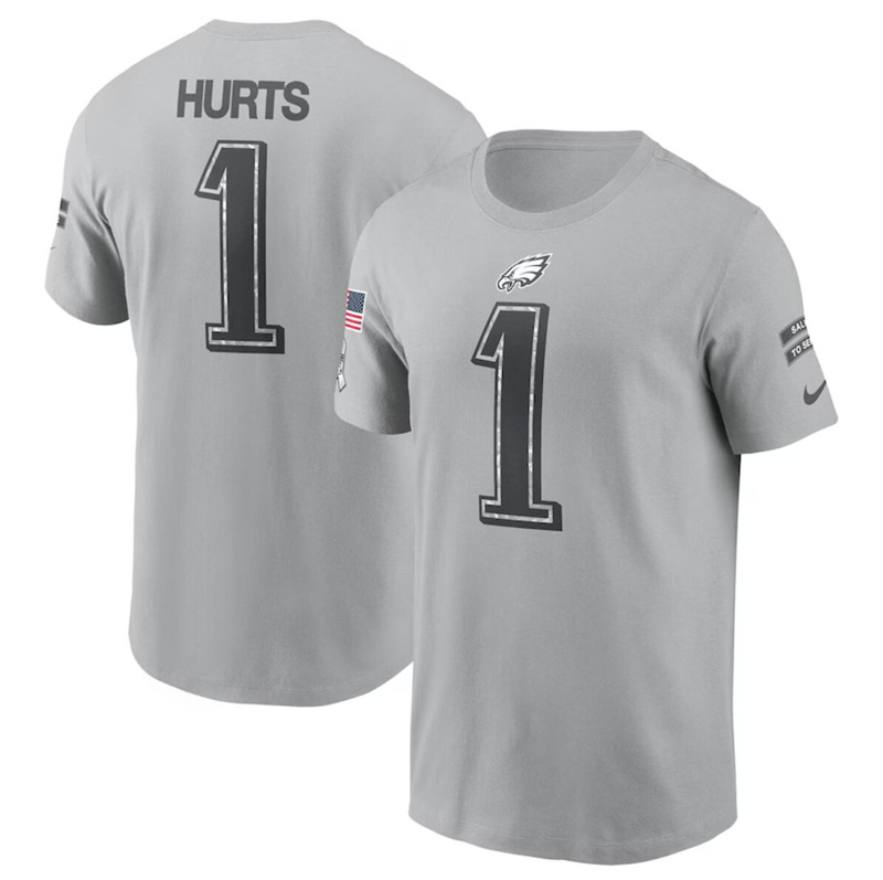 Men's Philadelphia Eagles #1 Jalen Hurts 2024 Gray Salute To Service Name & Number T-Shirt Men's Philadelphia Eagles #1 Jalen Hurts 2024 Gray Salute To Service Name & Number T-Shirt