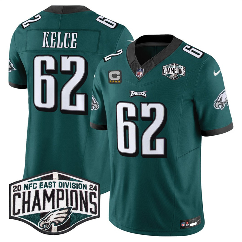 Men's Philadelphia Eagles #62 Jason Kelce Green 2024 NFC East Champions With 4-Star C Patch F.U.S.E. Vapor Untouchable Limited Stitched Football Jersey Men's Philadelphia Eagles #62 Jason Kelce Green 2024 NFC East Champions With 4-Star C Patch F.U.S.E. Vapor Untouchable Limited Stitched Football Jersey