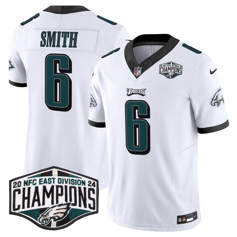 Men's Philadelphia Eagles #6 DeVonta Smith White 2024 NFC East Champions F.U.S.E. Vapor Untouchable Limited Stitched Football Jersey Men's Philadelphia Eagles #6 DeVonta Smith White 2024 NFC East Champions F.U.S.E. Vapor Untouchable Limited Stitched Football Jersey