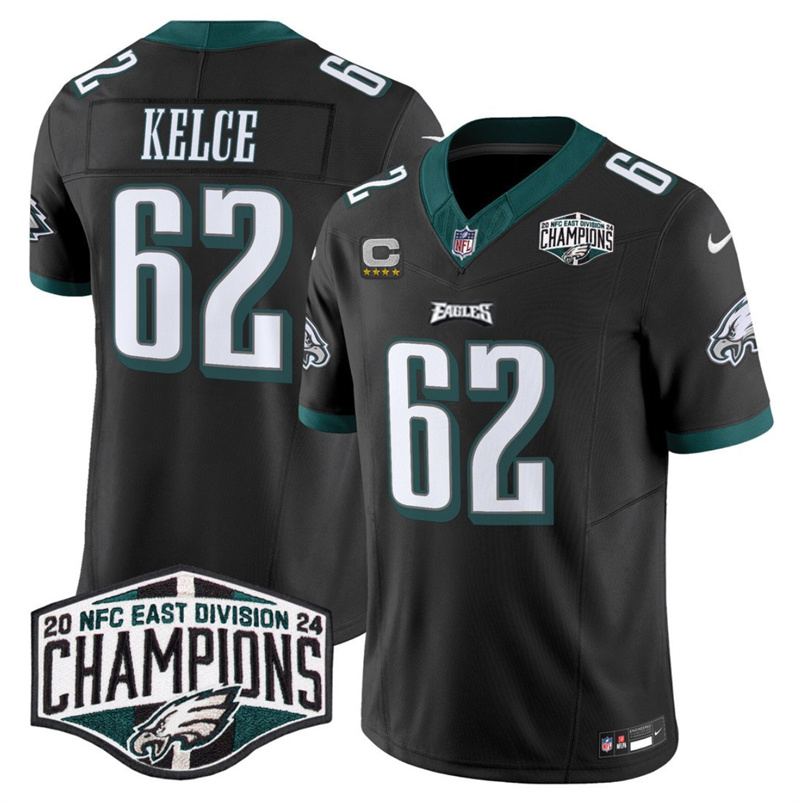 Men's Philadelphia Eagles #62 Jason Kelce Black 2024 NFC East Champions With 4-Star C Patch F.U.S.E. Vapor Untouchable Limited Stitched Football Jersey Men's Philadelphia Eagles #62 Jason Kelce Black 2024 NFC East Champions With 4-Star C Patch F.U.S.E. Vapor Untouchable Limited Stitched Football Jersey