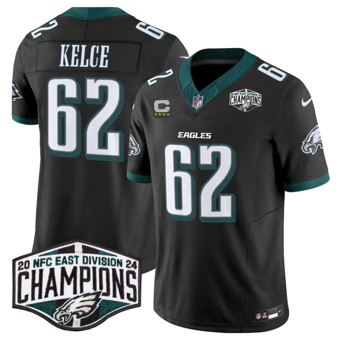 Men's Philadelphia Eagles #62 Jason Kelce Black 2024 New NFC East Champions With 4-Star C Patch F.U.S.E. Vapor Untouchable Limited Stitched Football Jersey Men's Philadelphia Eagles #62 Jason Kelce Black 2024 New NFC East Champions With 4-Star C Patch F.U.S.E. Vapor Untouchable Limited Stitched Football Jersey