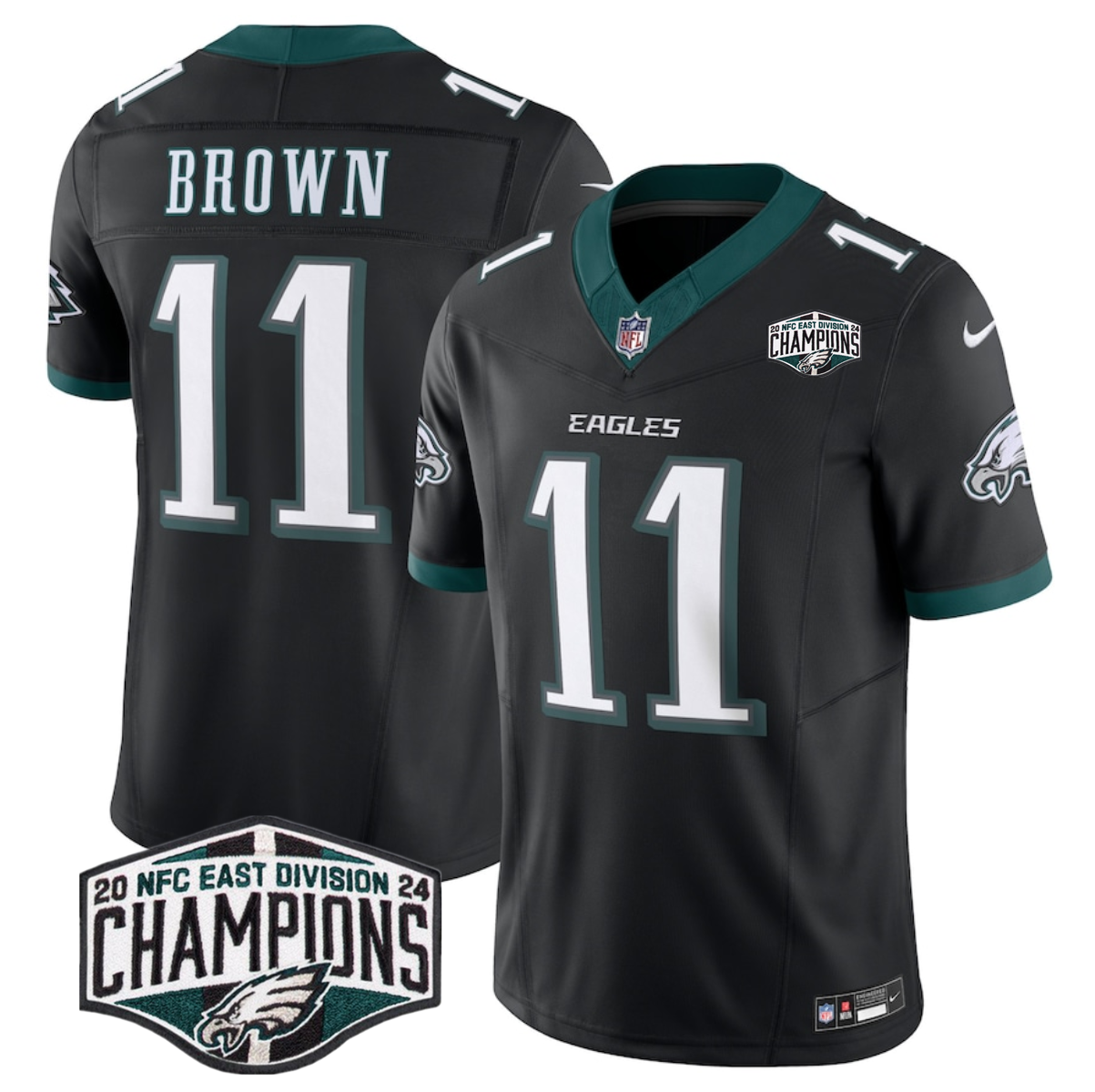 Men's Philadelphia Eagles #11 A.J. Brown Black 2024 New NFC East Champions F.U.S.E. Vapor Untouchable Limited Stitched Football Jersey Men's Philadelphia Eagles #11 A.J. Brown Black 2024 New NFC East Champions F.U.S.E. Vapor Untouchable Limited Stitched Football Jersey