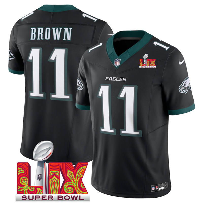 Men's Philadelphia Eagles #11 A.J. Brown Black F.U.S.E. 24/25 Super Bowl LIX Vapor Untouchable Limited Stitched Football Jersey Men's Philadelphia Eagles #11 A.J. Brown Black F.U.S.E. 24/25 Super Bowl LIX Vapor Untouchable Limited Stitched Football Jersey