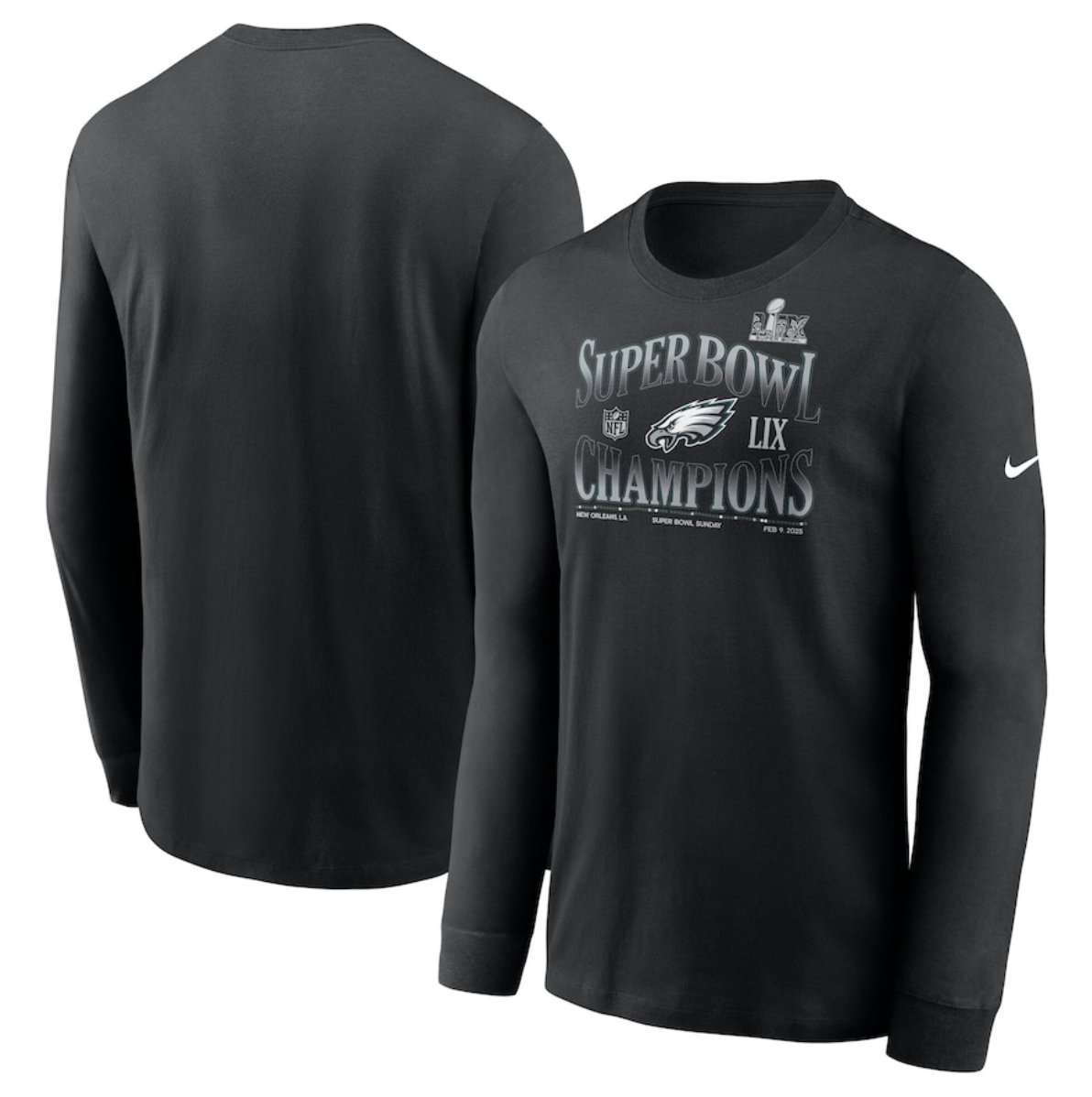 Men's Philadelphia Eagles Black Super Bowl LIX Champions 90's Retro Long Sleeve T-Shirt Men's Philadelphia Eagles Black Super Bowl LIX Champions 90's Retro Long Sleeve T-Shirt