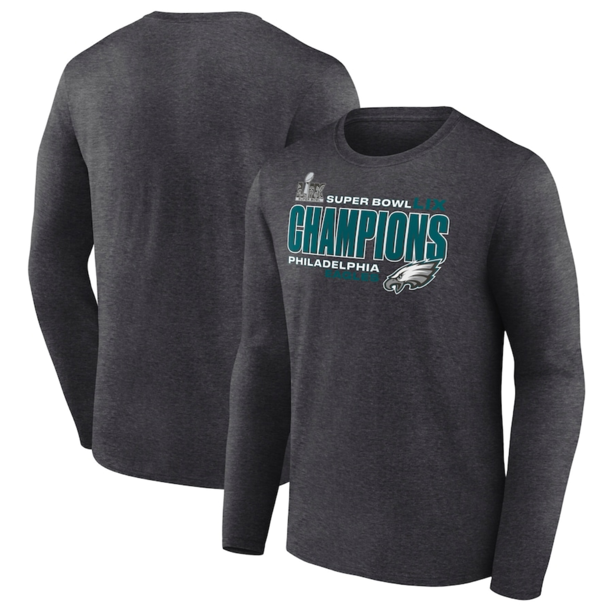 Men's Philadelphia Eagles Heather Charcoal Super Bowl LIX Champions Big & Tall Under The Lights Long Sleeve T-Shirt Men's Philadelphia Eagles Heather Charcoal Super Bowl LIX Champions Big & Tall Under The Lights Long Sleeve T-Shirt