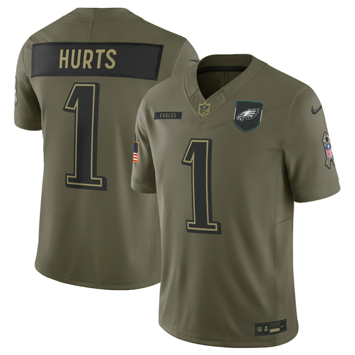 Men's Philadelphia Eagles #1 Jalen Hurts Olive 2025 Salute to Service Limited Stitched Football Jersey