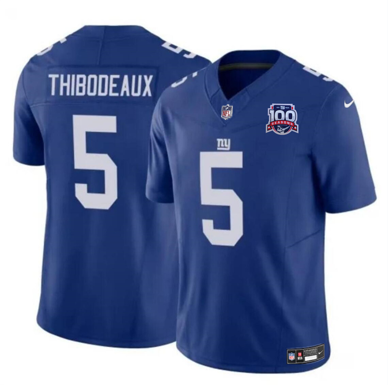 Men's New York Giants #5 Kayvon Thibodeaux Blue 2024 F.U.S.E. 100TH Season Patch Vapor Untouchable Limited Stitched Jersey Men's New York Giants #5 Kayvon Thibodeaux Blue 2024 F.U.S.E. 100TH Season Patch Vapor Untouchable Limited Stitched Jersey