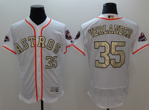 Astros #35 Justin Verlander White FlexBase Authentic 2017 World Series Champions Gold Program Stitched MLB Jersey