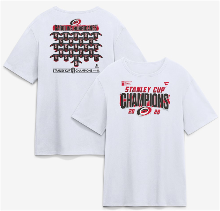 Men's Carolina Hurricanes White 2026 Stanley Cup Champions Roster V-Neck T-Shirt