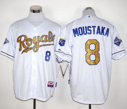 Royals #8 Mike Moustakas White 2015 World Series Champions Gold Program Stitched MLB Jersey Royals #8 Mike Moustakas White 2015 World Series Champions Gold Program Stitched MLB Jersey