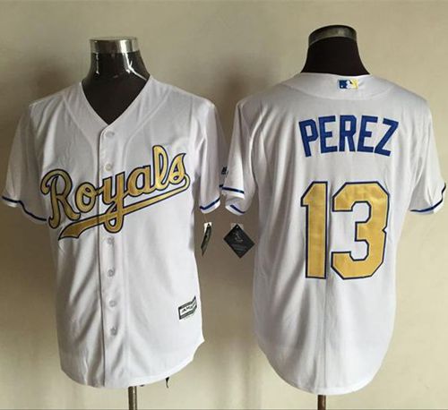Royals #13 Salvador Perez White New Cool Base 2015 World Series Champions Gold Program Stitched MLB Jersey Royals #13 Salvador Perez White New Cool Base 2015 World Series Champions Gold Program Stitched MLB Jersey