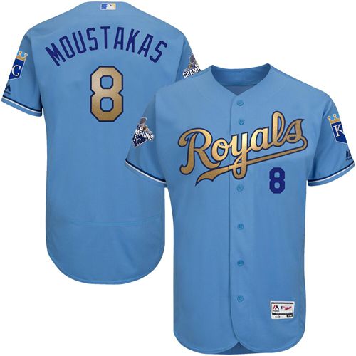 Royals #8 Mike Moustakas Light Blue FlexBase Authentic 2015 World Series Champions Gold Program Stitched MLB Jersey Royals #8 Mike Moustakas Light Blue FlexBase Authentic 2015 World Series Champions Gold Program Stitched MLB Jersey