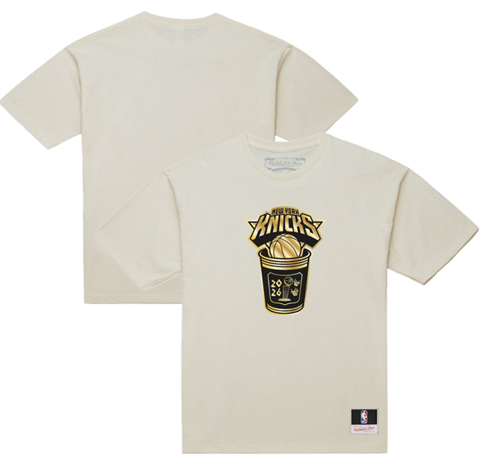 Men's New York Knicks Cream 2026 Finals Champions Gold Coffee Cup T-Shirt Men's New York Knicks Cream 2026 Finals Champions Gold Coffee Cup T-Shirt