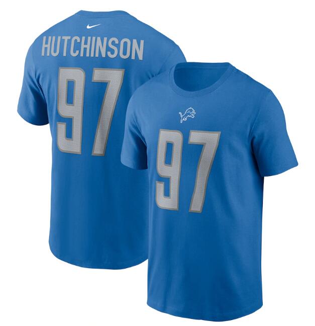 Men's Detroit Lions #97 Aidan Hutchinson 2022 Blue NFL Draft First Round Pick Player Name & Number T-Shirt Men's Detroit Lions #97 Aidan Hutchinson 2022 Blue NFL Draft First Round Pick Player Name & Number T-Shirt