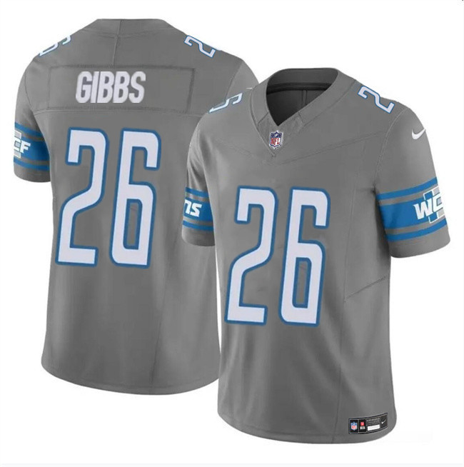 Men's Detroit Lions #26 Jahmyr Gibbs Grey 2023 F.U.S.E. Vapor Untouchable Limited Stitched Football Jersey Men's Detroit Lions #26 Jahmyr Gibbs Grey 2023 F.U.S.E. Vapor Untouchable Limited Stitched Football Jersey