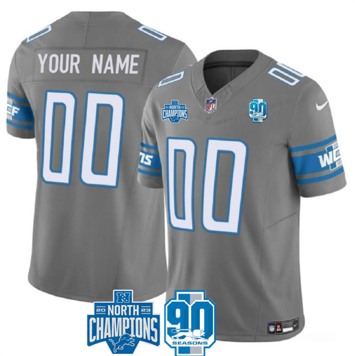 Men's Detroit Lions Active Player Custom Grey 2023 F.U.S.E. 90th Anniversary NFC North Division Champions Vapor Limited Stitched Football Jersey Men's Detroit Lions Active Player Custom Grey 2023 F.U.S.E. 90th Anniversary NFC North Division Champions Vapor Limited Stitched Football Jersey