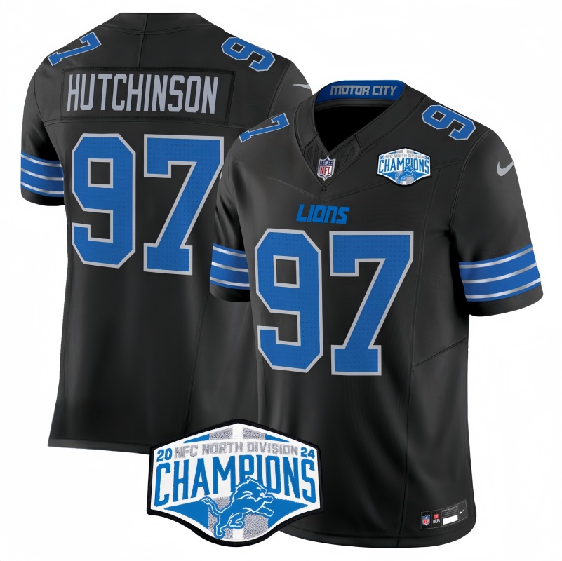 Men's Detroit Lions #97 Aidan Hutchinson Black 2024 NFC North Champions F.U.S.E. Vapor Limited Stitched Jersey