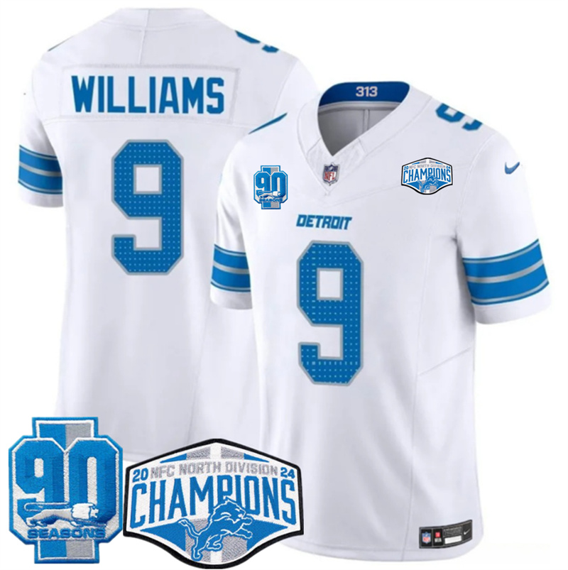 Men's Detroit Lions #9 Jameson Williams White 2024 NFC North Champions 90th Anniversary Patch F.U.S.E. Vapor Limited Stitched Jersey Men's Detroit Lions #9 Jameson Williams White 2024 NFC North Champions 90th Anniversary Patch F.U.S.E. Vapor Limited Stitched Jersey