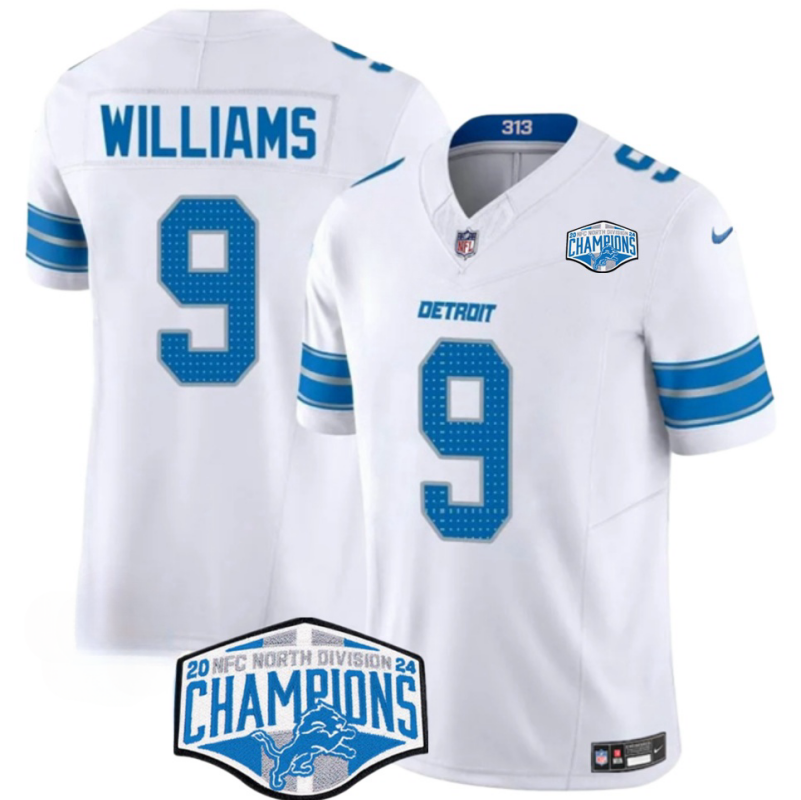 Men's Detroit Lions #9 Jameson Williams White 2024 NFC North Champions F.U.S.E. Vapor Limited Stitched Jersey