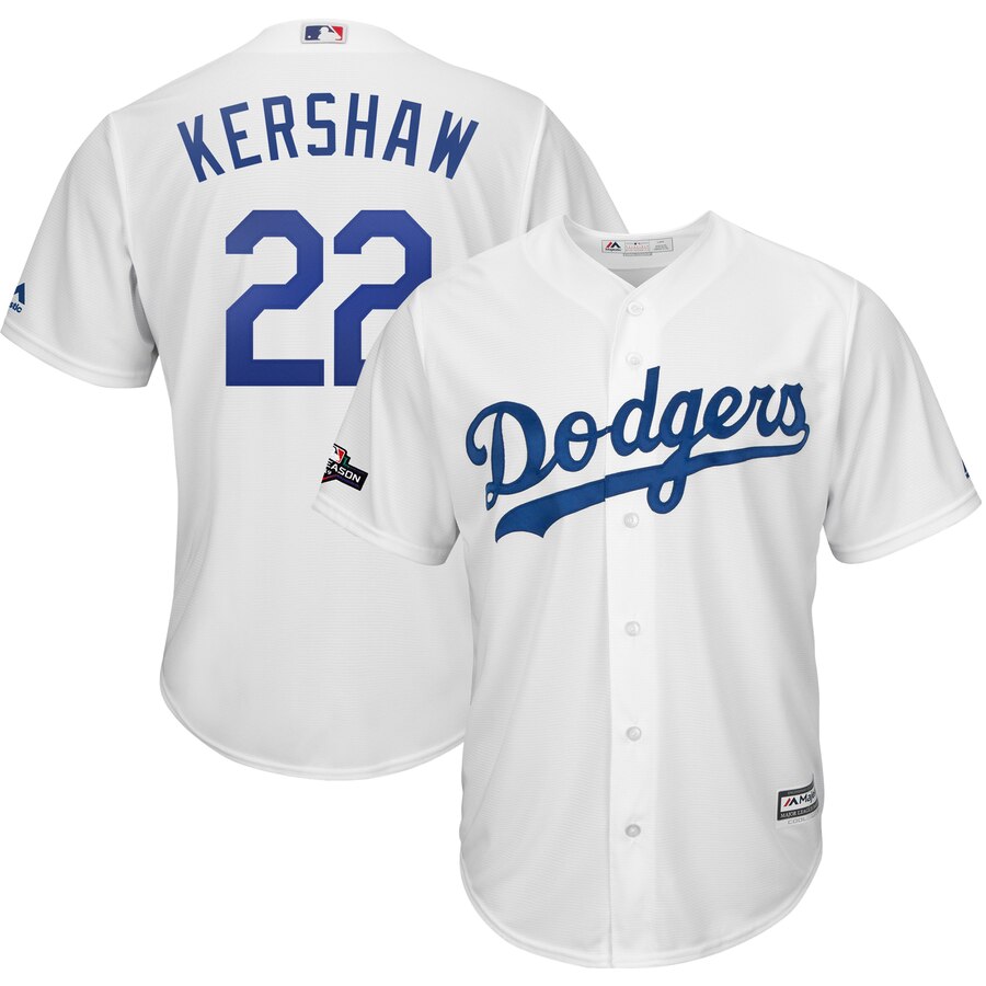 Los Angeles Dodgers #22 Clayton Kershaw Majestic 2019 Postseason Home Official Cool Base Player Jersey White Los Angeles Dodgers #22 Clayton Kershaw Majestic 2019 Postseason Home Official Cool Base Player Jersey White