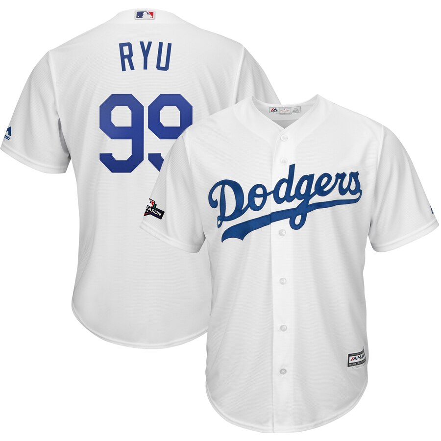 Los Angeles Dodgers #99 Hyun-Jin Ryu Majestic 2019 Postseason Home Official Cool Base Player Jersey White Los Angeles Dodgers #99 Hyun-Jin Ryu Majestic 2019 Postseason Home Official Cool Base Player Jersey White