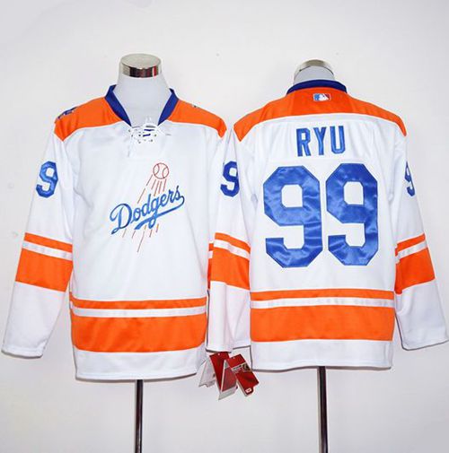 Dodgers #99 Hyun-Jin Ryu White/Orange Long Sleeve Stitched MLB Jersey Dodgers #99 Hyun-Jin Ryu White/Orange Long Sleeve Stitched MLB Jersey