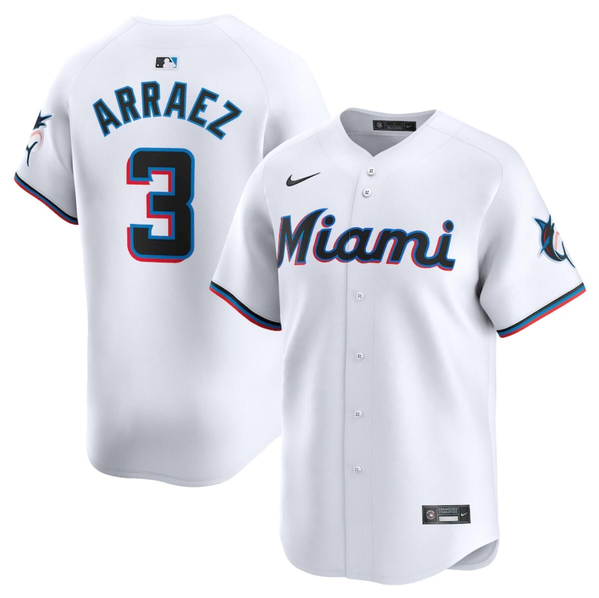 Men's Miami Marlins #3 Luis Arraez White 2024 Home Limited Stitched Baseball Jersey Men's Miami Marlins #3 Luis Arraez White 2024 Home Limited Stitched Baseball Jersey