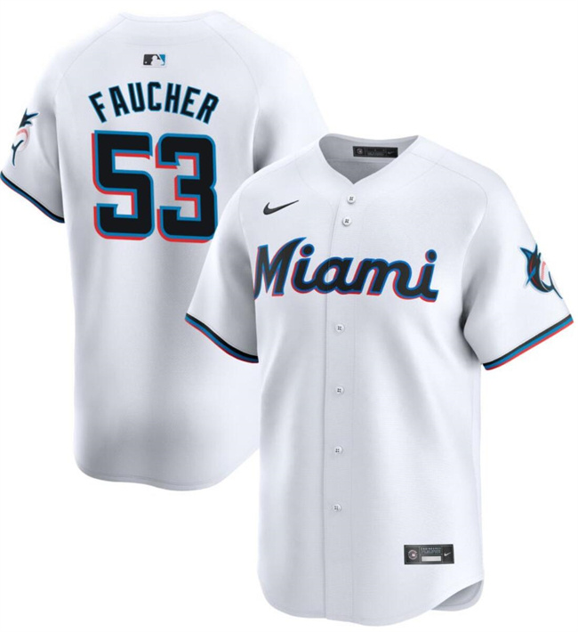 Men's Miami Marlins #53 Calvin Faucher White Home Limited Stitched Baseball Jersey Men's Miami Marlins #53 Calvin Faucher White Home Limited Stitched Baseball Jersey