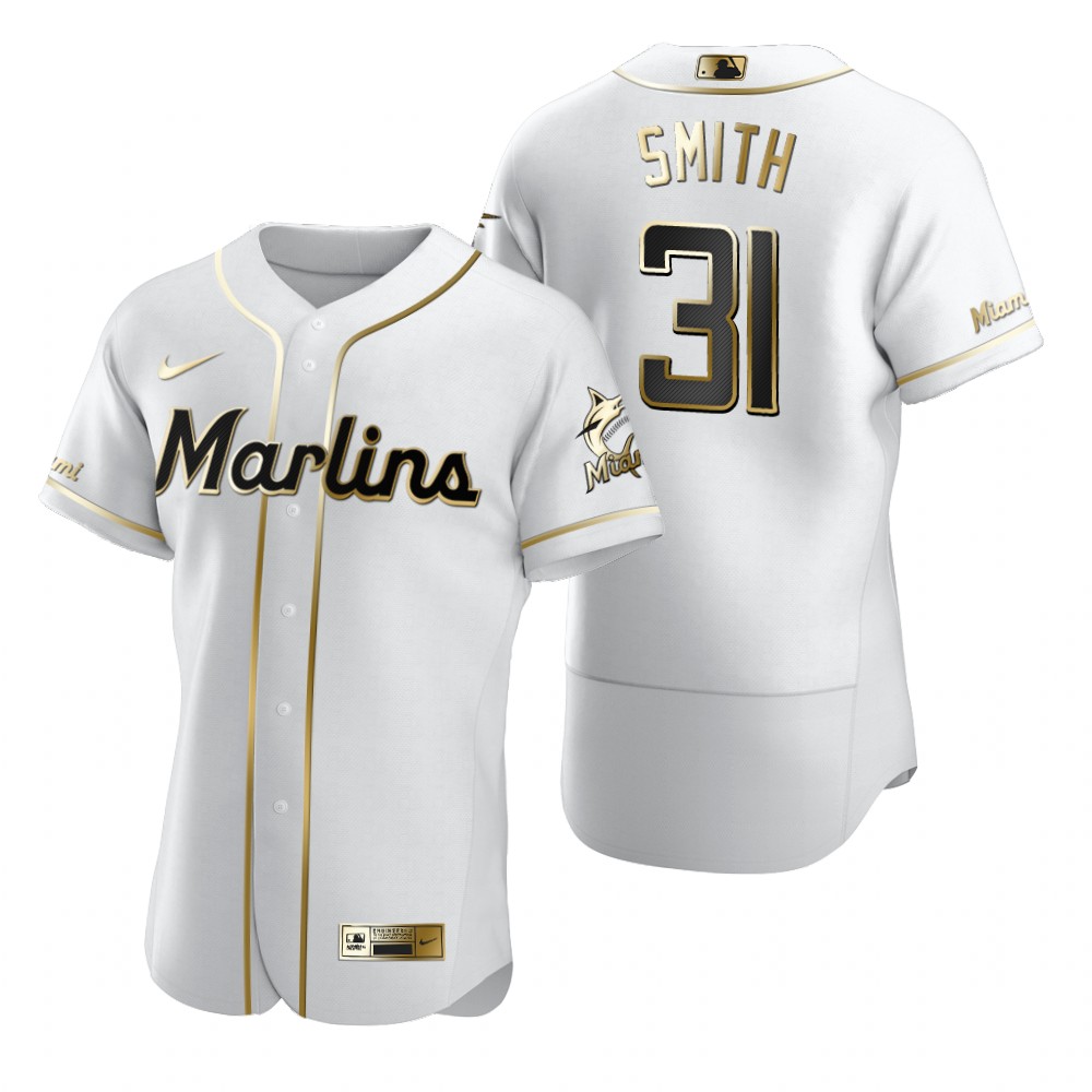 Miami Marlins #31 Caleb Smith White Nike Men's Authentic Golden Edition MLB Jersey Miami Marlins #31 Caleb Smith White Nike Men's Authentic Golden Edition MLB Jersey