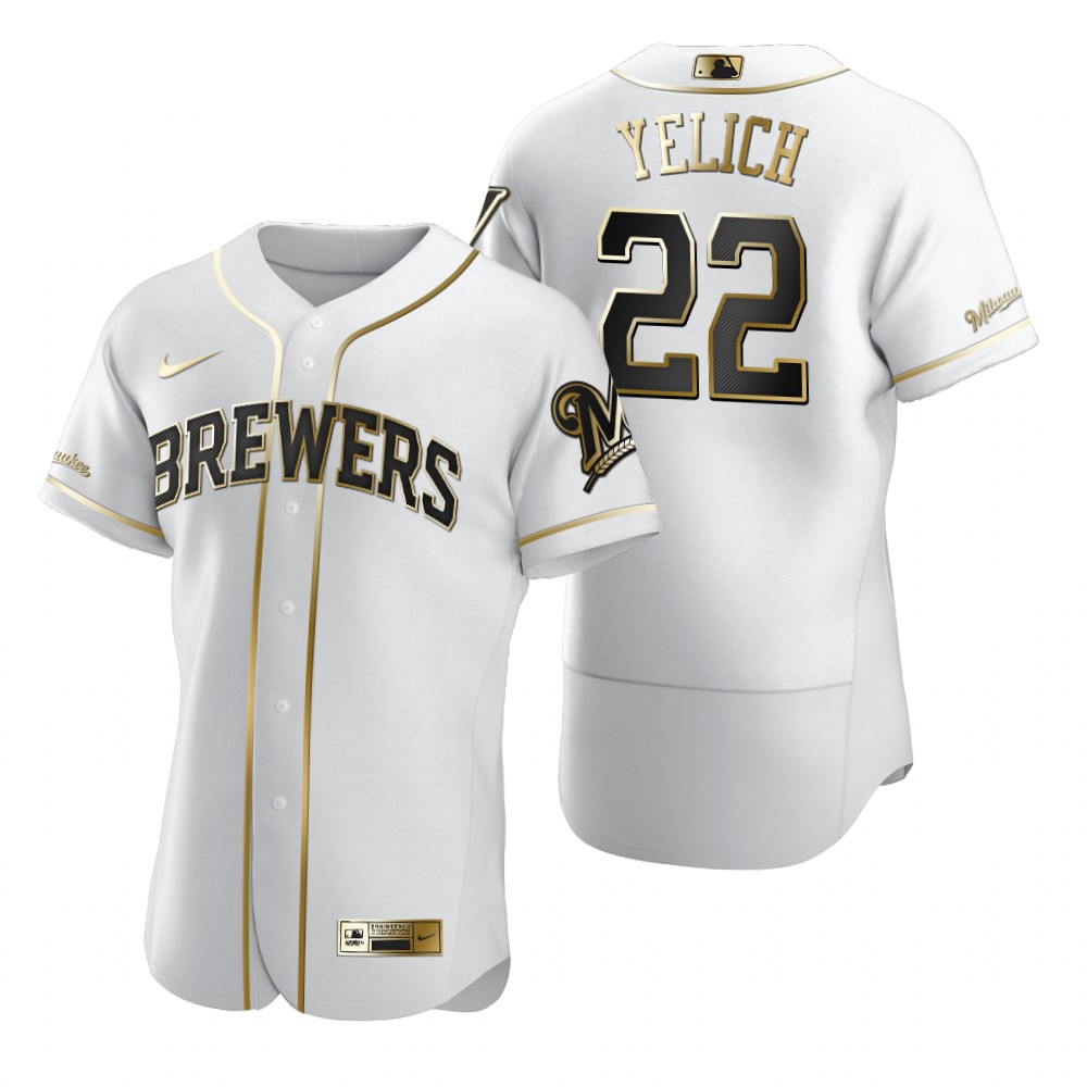 Milwaukee Brewers #22 Christian Yelich White Nike Men's Authentic Golden Edition MLB Jersey Milwaukee Brewers #22 Christian Yelich White Nike Men's Authentic Golden Edition MLB Jersey