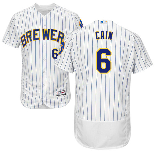 Brewers #6 Lorenzo Cain White Strip Flexbase Authentic Collection Stitched MLB Jersey Brewers #6 Lorenzo Cain White Strip Flexbase Authentic Collection Stitched MLB Jersey