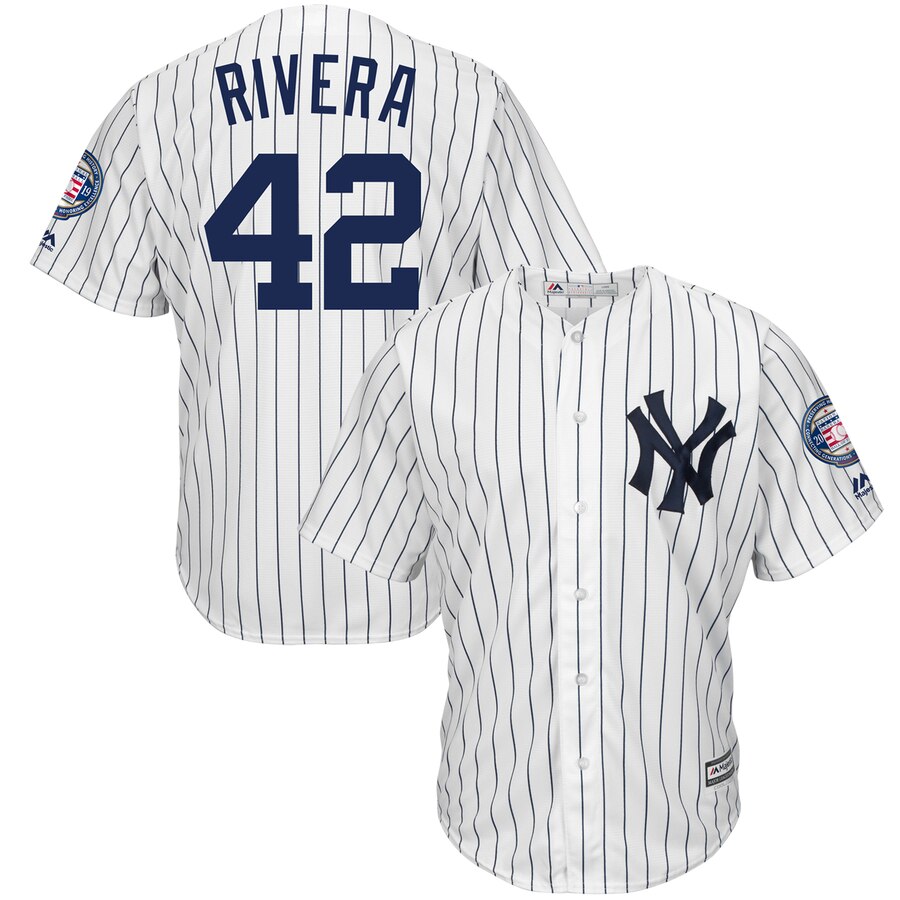 New York Yankees #42 Mariano Rivera Majestic 2019 Hall of Fame Patch Cool Base Player Jersey White Navy New York Yankees #42 Mariano Rivera Majestic 2019 Hall of Fame Patch Cool Base Player Jersey White Navy