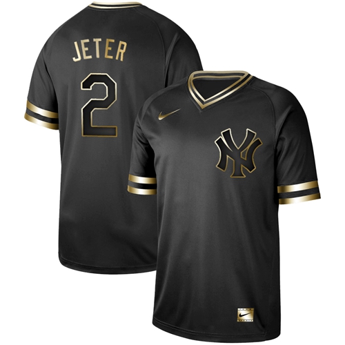 Nike Yankees #2 Derek Jeter Black Gold Authentic Stitched MLB Jersey