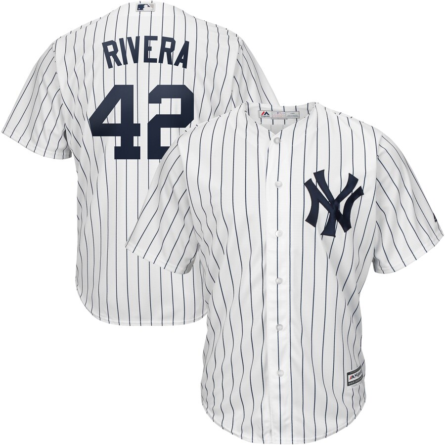 New York Yankees #42 Mariano Rivera Majestic Home 2019 Hall of Fame Cool Base Player Jersey White Navy New York Yankees #42 Mariano Rivera Majestic Home 2019 Hall of Fame Cool Base Player Jersey White Navy