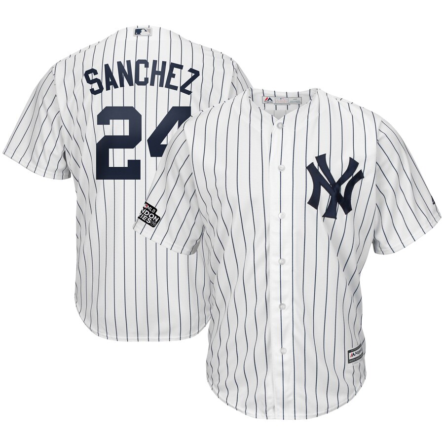 New York Yankees #24 Gary Sanchez Majestic 2019 London Series Cool Base Player Jersey White Navy New York Yankees #24 Gary Sanchez Majestic 2019 London Series Cool Base Player Jersey White Navy