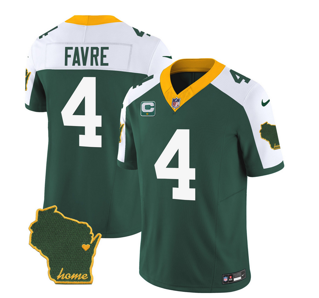 Men's Green Bay Packers #4 Brett Favre Green/White 2023 F.U.S.E. Home Patch And 1-Star C Patch Vapor Untouchable Limited Stitched Jersey Men's Green Bay Packers #4 Brett Favre Green/White 2023 F.U.S.E. Home Patch And 1-Star C Patch Vapor Untouchable Limited Stitched Jersey