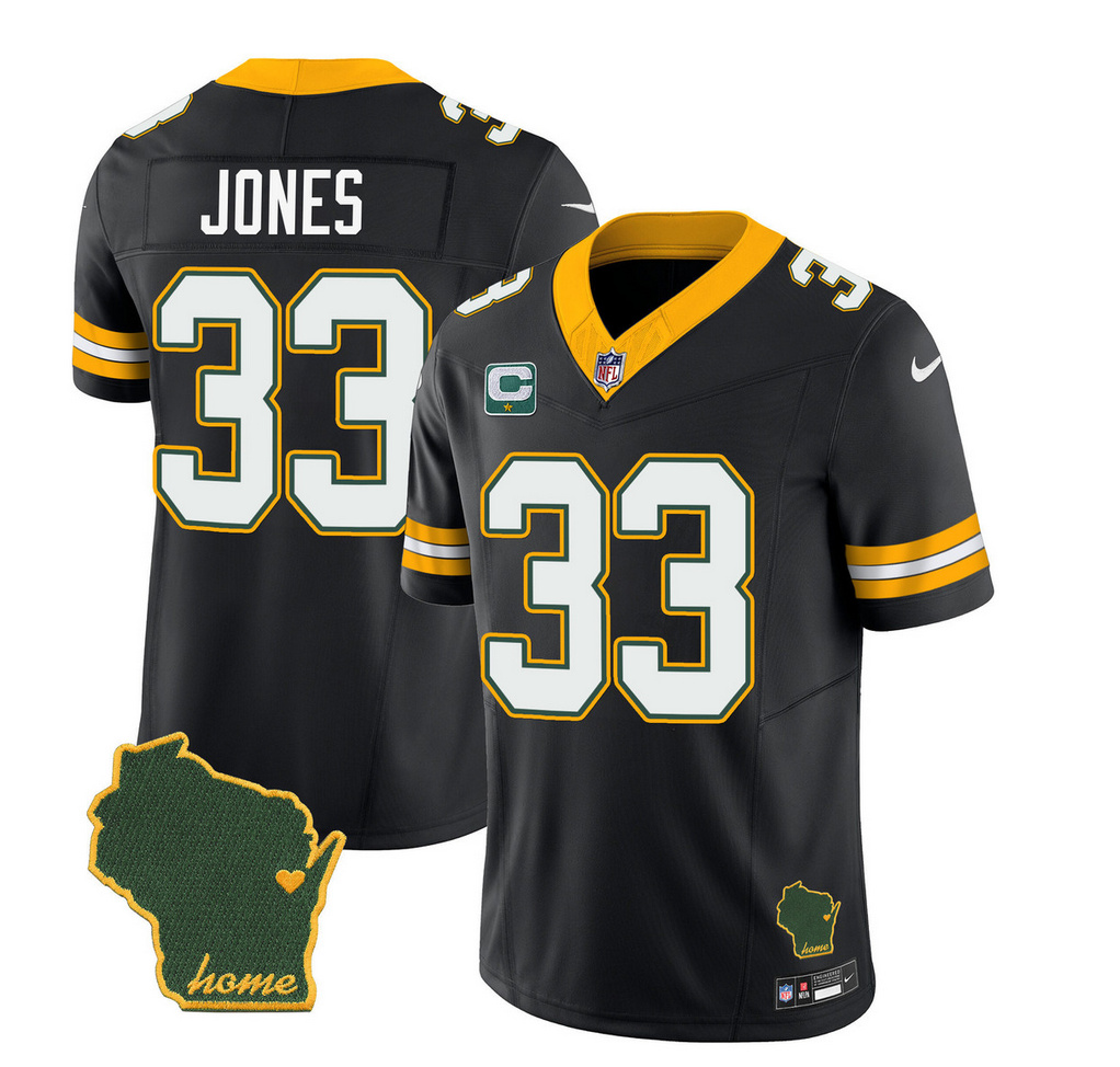 Men's Green Bay Packers #33 Aaron Jones Black 2023 F.U.S.E. Home Patch And 1-Star C Patch Vapor Untouchable Limited Stitched Jersey Men's Green Bay Packers #33 Aaron Jones Black 2023 F.U.S.E. Home Patch And 1-Star C Patch Vapor Untouchable Limited Stitched Jersey