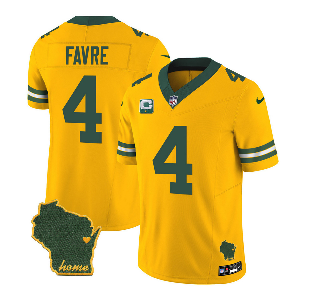 Men's Green Bay Packers #4 Brett Favre Gold 2023 F.U.S.E. Home Patch And 1-Star C Patch Vapor Untouchable Limited Stitched Jersey Men's Green Bay Packers #4 Brett Favre Gold 2023 F.U.S.E. Home Patch And 1-Star C Patch Vapor Untouchable Limited Stitched Jersey