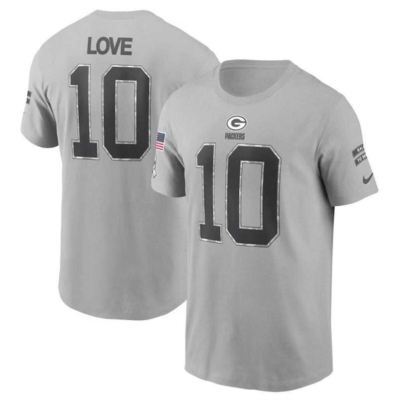 Men's Green Bay Packers #10 Jordan Love 2024 Gray Salute To Service Name & Number T-Shirt Men's Green Bay Packers #10 Jordan Love 2024 Gray Salute To Service Name & Number T-Shirt