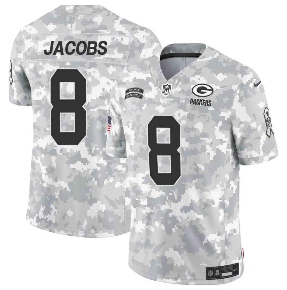 Men's Green Bay Packers #8 Josh Jacobs 2024 F.U.S.E Arctic Camo Salute to Service Limited Stitched Football Jersey Men's Green Bay Packers #8 Josh Jacobs 2024 F.U.S.E Arctic Camo Salute to Service Limited Stitched Football Jersey