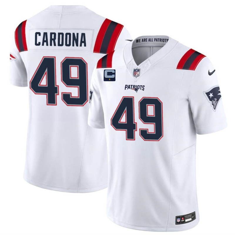 Men's New England Patriots #49 Joe Cardona White F.U.S.E. With 1-Star C Patch Vapor Limited Stitched Football Jersey Men's New England Patriots #49 Joe Cardona White F.U.S.E. With 1-Star C Patch Vapor Limited Stitched Football Jersey