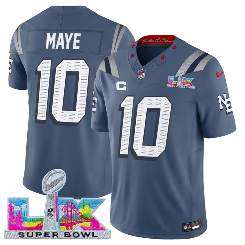 Men's New England Patriots #10 Drake Maye Storm Blue 2025 F.U.S.E. Super Bowl LX Patch And 1-Star C Patch “Rivalries” Vapor Limited Stitched Football Jersey