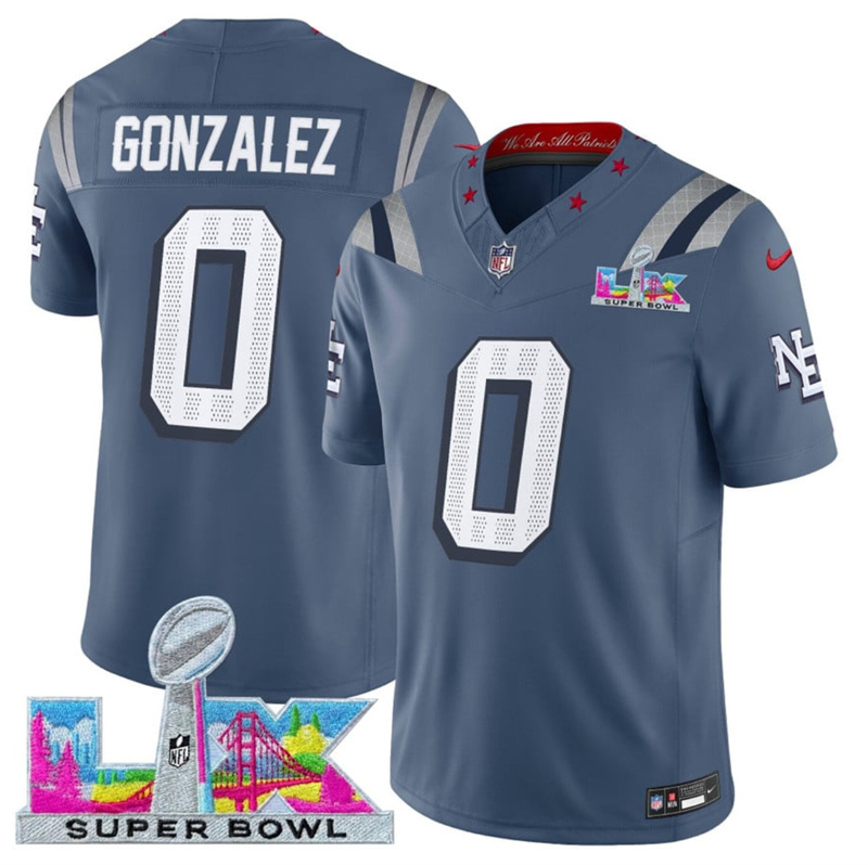 Men's New England Patriots #0 Christian Gonzalez Storm Blue 2025 F.U.S.E. Super Bowl LX Patch “Rivalries” Vapor Limited Stitched Football Jersey Men's New England Patriots #0 Christian Gonzalez Storm Blue 2025 F.U.S.E. Super Bowl LX Patch “Rivalries” Vapor Limited Stitched Football Jersey