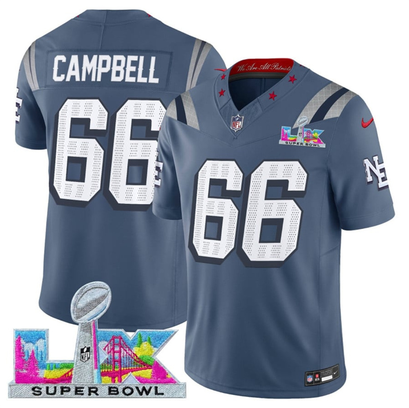 Men's New England Patriots #66 Will Campbell Storm Blue 2025 F.U.S.E. Super Bowl LX Patch “Rivalries” Vapor Limited Stitched Football Jersey Men's New England Patriots #66 Will Campbell Storm Blue 2025 F.U.S.E. Super Bowl LX Patch “Rivalries” Vapor Limited Stitched Football Jersey